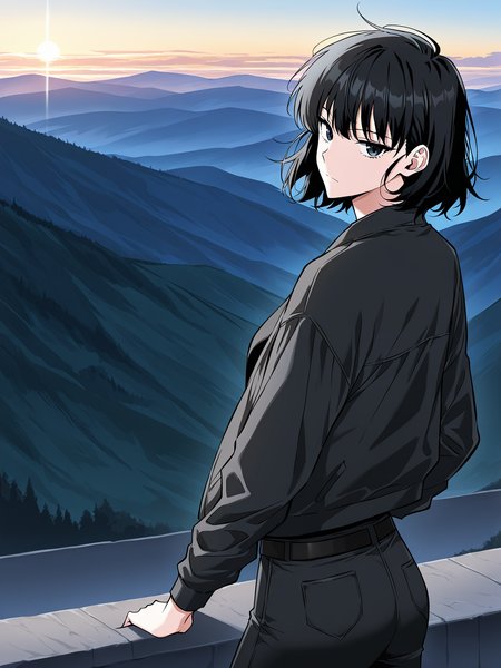 <lora:Omniscient Reader's Viewpoint _ Han Sooyoung_epoch_7:1>
1 girl, solo, short hair, messy hair, black hair, black eyes, 
black jacket, black t-shirt, black skinny pants, black combat boots, all black outfit,
score_9, score_8_up, score_7_up, source anime, BREAK, cowboy shot, (from side), looking back, looking at viewer, overlooking mountain, high altitude, scenery, exterior, background