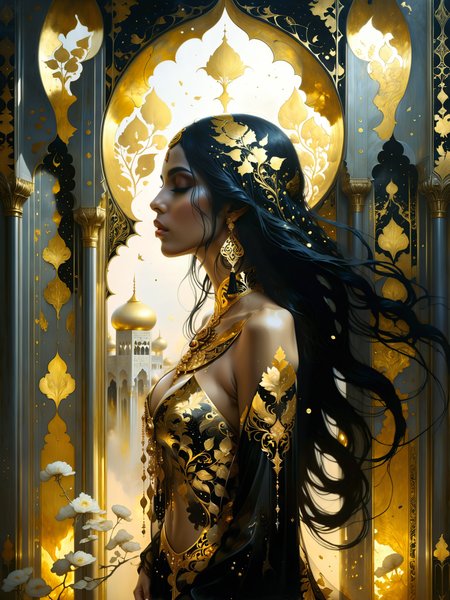 famous artwork inspired by (yoann lossel:1.4), (epic composition:1.2), oil painting with gold leaf, fairy tale from one thousand and one nights, a beautiful arabian princess with silky black hair, atmospheric fantasy, dappled light, back light, (intricate patterns:1.1), symmetrical architecture, expressive, melancholic, highly detailed, dark corners, <lora:midjourney_mimic-xl-by_andrexsel:0.48> <lora:more_artful-xl:0.4> <lora:lyco-style-envydramaticlightingxl01_digital_art-xl:0.6> <lora:envyzoomsliderxl01-xl:-0.4> <lora:envybetterhiresfixxl01-xl:0.0:hr=1.0>