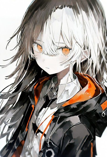 masterpiece, best quality, illustration, tekito midori,  1girl, solo, long hair, looking at viewer, bangs, simple background, shirt, white background, hair between eyes, brown eyes, closed mouth, jacket, white shirt, upper body, white hair, open clothes, collared shirt, hood, orange eyes, hood down
