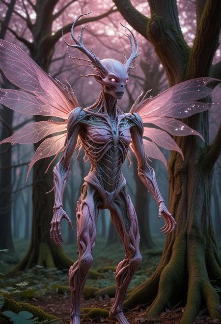 (medium full shot) of (ethereal hybrid creature) with bark-like pink skin, exoskeleton plates, multiple arms, alien crest, insect wings, iridescent skin, glowing vines, in set in  an ancient enchanted grove, with ancient trees, shimmering leaves, tranquil light, wise forest spirits, during twilight, Masterpiece,best quality, photo, realistic, very aesthetic, detailed face,