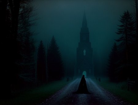 <lora:burton:1>tm style, landscape of a church surrounded by dark forests at night  a woman from the 1800s walking alone, tim burton movie frame, cinematic, a lot of haze, volumetric lights, realistic, 8k