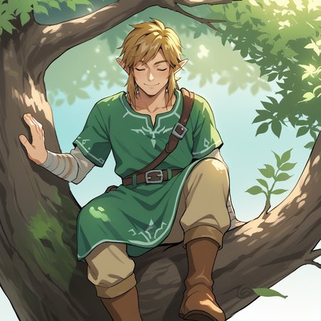 score_9, score_8_up, score_7_up, score_6_up, score_5_up, score_4_up, zPDXL2,source_anime,rating_questionable, 1boy, solo,link, green tunic, smile, eyes closed, sunbeams, <lora:In_Tree:0.8> 1ntr33, outdoors, sitting in tree, tree