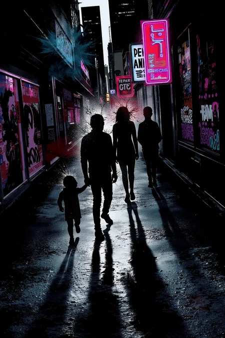 Create a gritty, urban cityscape with shadowy figures walking through a rain-soaked street. Use high-contrast lighting to emphasize the textures of wet pavement, graffiti-covered walls, and neon signs. The figures should be stylized, with bold, gestural lines and fragmented details. Incorporate splashes of vibrant neon colors against a dark, moody background to create a sense of urban chaos and vitality. The atmosphere should feel raw and alive, with a touch of rebellion  <lora:Russ_Mills_-_ArtStyle_FLUX:1>, ultra detailed, intricate details, masterpiece