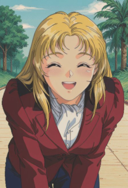 highres, best quality, masterpiece, outdoors,
1girl, solo, pixel art, 1990s \(style\), blonde hair, long hair,
jacket, red jacket, blue pants, white shirt, formal,
looking at viewer, blush,
leaning forward, closed eyes, upper teeth only, smile,
<lora:_miyuki_galspanic-elesico-ilxlA:1>