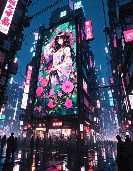 <lora:CWWalls1fluxb:1> wabkg, animation world, japanese animation style. In a cyberpunk city, on the surface of a low cyberpunk building there is an illuminated colorful painting of bride with flowers. Night. From side. Pathway. Wet. Reflections. Kanji. Some lighted appartment interiors. Traffic lights. People. Traffic.