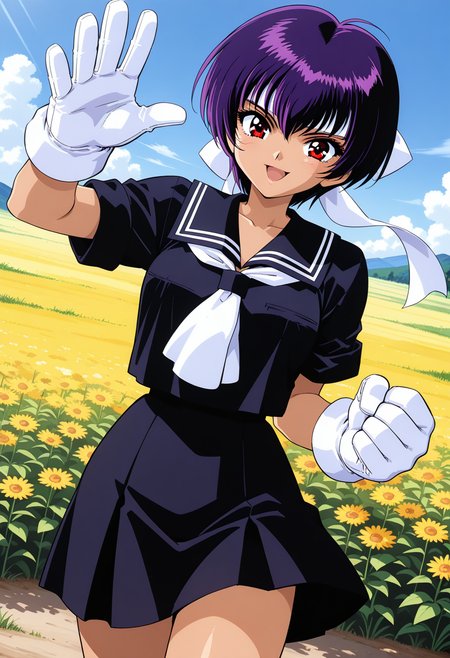 kawasaki_shinobu, red eyes, purple hair, short hair, headband, white gloves, huge gloves, school uniform, black serafuku, black sailor collar, white neckerchief, short sleeves, black skirt, <lora:asuka120_kawasaki_shinobu_illustrious_ver1:0.8>
smile, open mouth,, masterpiece, best quality, general,, 1girl, solo, (field:1.2), (blue sky:1.2), looking at viewer,, (cowboy shot, dynamic pose:1.4),