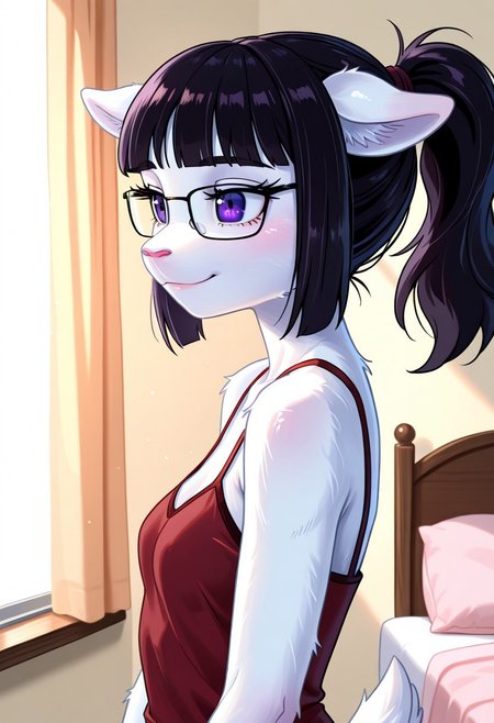masterpiece, best quality, very aesthetic, absurdres,
bedroom, upper body,
, petite breasts, cute, 
happy, long eyelashes,
<lora:Tala_v01_NAIXL:1>
T4l4,1girl,solo,furry,furry female,black hair,animal ears,ponytail,blunt bangs,purple eyes,glasses,snout,animal nose,body fur,white fur, side view,