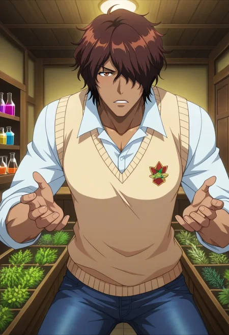 masterpiece, best quality, intricate details, anime screencap, , , , , 1boy, solo, male focus, <lora:yasutora_sado_ilxl:0.9>, yasutora_sado, brown hair, brown eyes, short hair, dark-skinned male, dark skin, , hair over one eye, witch's garden, herb beds, potion station, familiar animals, gathering pose, focused expression, morning, Stretch jeans, Rayon Coral Polo sweater vest, , ,