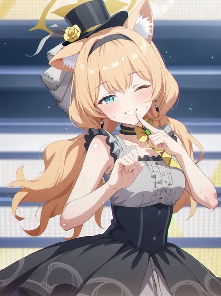 detailed background, shiny skin, posing,
<lora:antisera.pony:1>,
antisera, mari, 
half-closed eyes, 
sweat, sweat drops, dancing, seductive smile, finger to mouth, one eye closed,