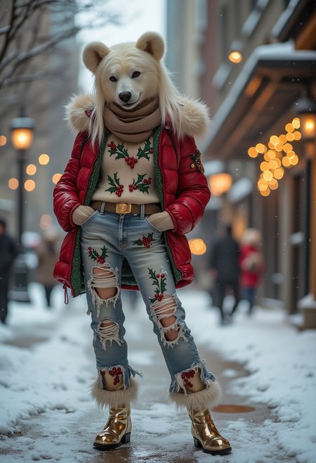 A beautiful christmas polar bear with long ears is wearing a stylish puffy winter jacket paired with distressed denim jeans and a turtleneck sweater adorned with embroidered holly leaves and berries. The look is accessorized with a frilly scarf, a gold-accented belt, and metallic boots for a festive yet urban vibe. She poses out doors during a snowstorm. falling snow, christmas lights, rosy cheeks. pretty eyes