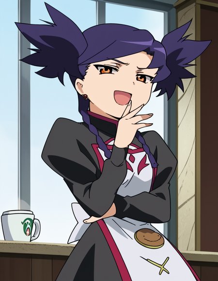 score_9, score_8_up, score_7_up, source_anime, <lora:nina-wang-s1-ponyxl-lora-nochekaiser:1>, nina wang, bangs, twintails, purple hair, braid, twin braids, orange eyes, anime screencap,, long sleeves, dress, jewelry, earrings, puffy sleeves, black dress, juliet sleeves,, cafe, coffee cup, barista, sitting down, talking, relaxing, sunlight through window, , <lora:ojou-sama-pose-ponyxl-lora-nochekaiser:1>, ojou-sama pose, laughing, smug, hand to own mouth, open mouth,, looking at viewer, solo,, dutch angle, cowboy shot