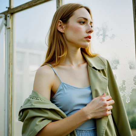 analog film photo Ultra quality, ultra realistic, ultra detailed skin textures and colors, half-body, inside a greenhouse in Copenhagen, mid-afternoon: A woman with pale skin and delicate features stands near the condensation-glazed window of an old glasshouse. She wears a soft sky-blue slip dress and a sage trench coat slipping off one shoulder. Her face is turned toward the misty glass, catching diffused backlight that makes her light brows and lashes glow. Shot on a Contax 645 with 80mm Zeiss Planar f/2, loaded with Fujifilm Pro 400H for its luminous handling of pale tones and gentle contrast. A silver reflector is used low and camera-left to add clarity to the texture of her skinârosacea on her cheeks, faint capillaries near the nose, fine peach fuzz across the cheekbones and temple, and the natural moistness of her eyes glimmering in the soft light, flawed skin, rosy cheeks, skin pores, soft wrinkles, expression marks, The ambient humidity creates subtle dewy highlights on her brow and chin. Her hands are visible, relaxed at waist-height, gently grasping the edge of her coat, nails short and unpolished.
 <lora:Detailed Skin&Textures Flux V3:0.7> dsv4, faded film, desaturated, 35mm photo, grainy, vignette, vintage, Kodachrome, Lomography, stained, highly detailed, found footage