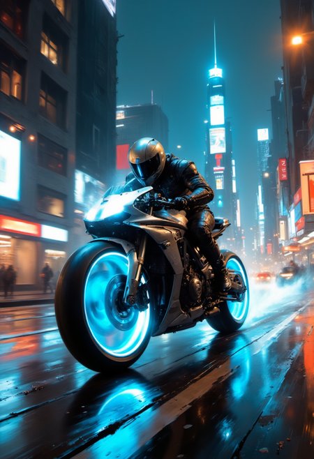 A futuristic motorcycle, speeding through a neon-lit city street at night. The rider wears a sleek, high-tech helmet, and the motorcycle's wheels glow with vibrant blue light. The city around them is a blur of neon signs, towering buildings, and rain-slicked streets. The scene is dynamic and full of motion, capturing the intensity of the ride. Sci-fi, cinematic, high-detail, vibrant colors  <lora:flux_realism_lora:0.7> <lora:fluxenhancer:0.2> <lora:artisketchyfs-v02:0.8>