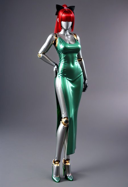 A full length 35mm photo of a beautiful 30-year-old woman, robotic, smooth metal skin, she is made of smooth matte silver metal, standing in a Scandinavian house, her torso has a serial number on it, metallic red hair in a ponytail, black bow in her hair, electronic green eyes with mechanical iris, her feet are made to look like silver metal high heel shoes, she is standing still, she is wearing a vibrant green evening gown, she is holding a green satin clutch, standing in a minimalist Scandinavian house
Robot girl, Android, mechanical limbs, robot joints, metal skin,  no mouth, armor, no face, faceless, egghead