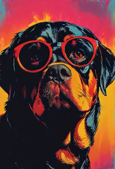 impactful color paint of, a Rottweiler wearing dark sunglasses, highly detailed, vibrant colors , 8k, sharp, professional, clear, high contrast, high saturated, , vivid deep blacks, crystal clear