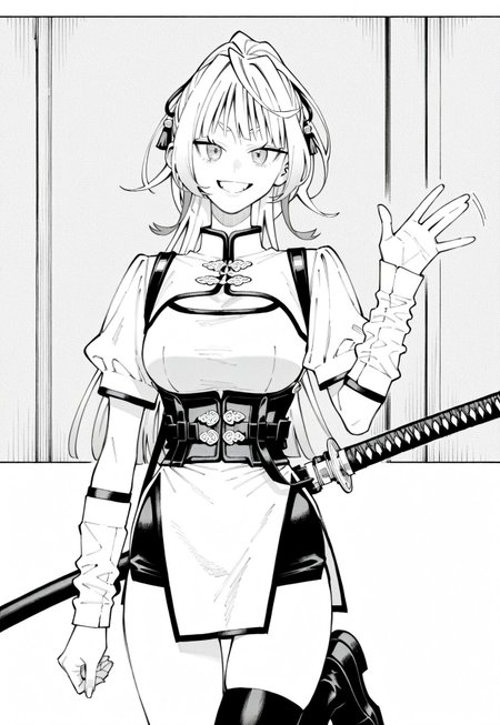 nei takarai, long hair, hair ribbons, ponytail, sharp eyes, large breasts, slim waist, manga, monochrome, white high-collar short-sleeve mini-dress with black trim, corset-style waist belt with fasteners, black thigh-high stocking on left leg only with snake emblem, bare right leg, detached white sleeves on forearms with black trim and ornaments on ends, twin sheathed katanas on left side of waist, 2 katanas, 2 sheathes, smiling brightly and waving with her right hand, standing with her weight on one leg