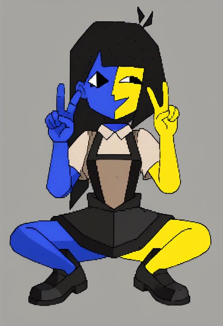1girl, <lora:Ena:0.85> (solo), colored skin, black hair, yellow skin, blue skin, black eyes, suspenders, shirt, short sleeves, black skirt, black shoe, black boot, v sign, 
simple background,