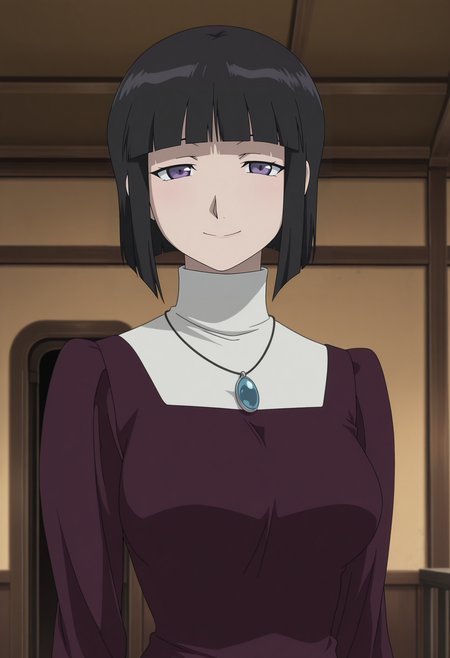 1girl,solo,mm,mature female,black hair,bangs,blunt bands,short hair,bob cut,purple eyes,anime coloring,
turtleneck,long dress,pendant,upper body, looking at viewer, smile,indoors
,masterpiece,best quality,amazing quality,<lora:Dante-Fullmetal_Alchemist_2003:0.8>