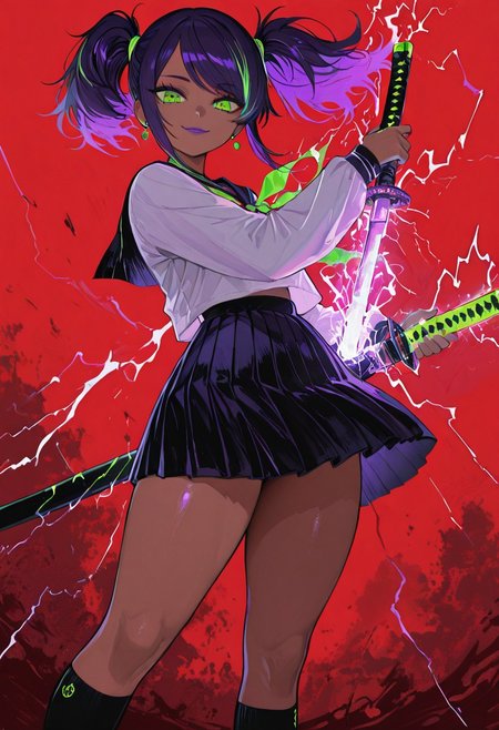masterpiece, best quality, good quality, very awa, newest, highres, absurdres, 
1girl, dark skin, dark skinned female, (young:1.3), swept bangs, medium, purple hair, green highlights, glowing yellow eyes, thunder, electricity, purple lips
, looking at viewer, smile, shirt, Short skirt, holding, twintails, school uniform, white shirt, weapon, earrings, pleated skirt, socks, serafuku, sword, holding weapon, kneehighs, blood, holding sword, black socks, katana, sheath, red background, scabbard, unsheathing, holding sheath, wind,
feet out of frame, Thick thighs,
low view, ember, limited palette, <lora:illustriousXL_stabilizer_v1.23:0.3> <lora:NOOB_vp1_detailer_by_volnovik_v1:0.3> <lora:ponyv6_noobE11_2_adamW-000017:0.3> <lora:114558v4df2fsdf5:0.6> <lora:XXX667:0.4> <lora:mon_monmon2133:0.5>