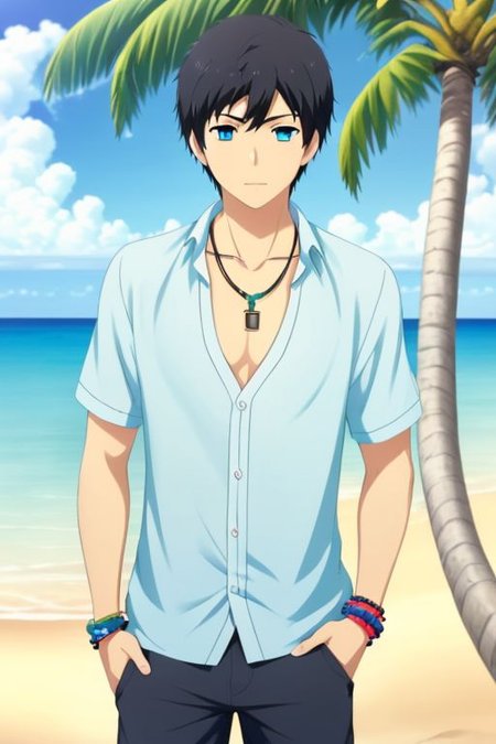 high resolution, solo, best quality, 1Boy, Arata Kaizaki, Portrait, Black Hair, Blue Eyes, shallow depth of field, beach, open shirt, shorts, sixpack, necklace, bracelet, coconut tree, OverallDetail