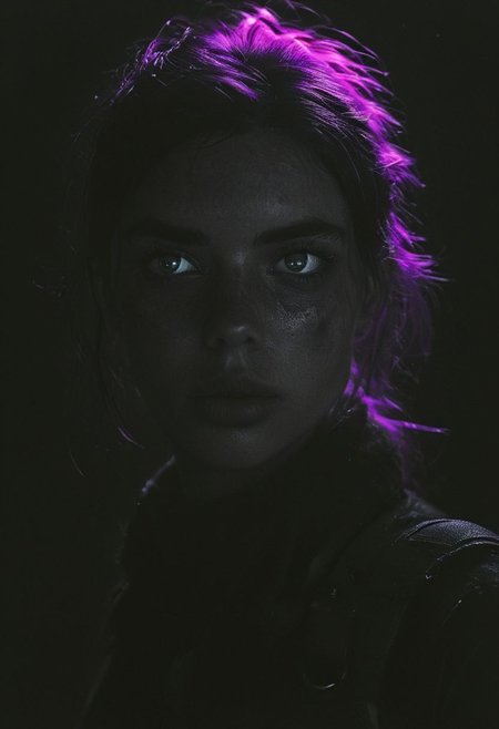 super closeup portrait, a lightly freckled sci-fi woman wearing a worn-out, tattered space Overall, high collar, Open mouth, She stands in a heavily magenta-lit airlock, looking startled into the camera. Her hair is disheveled and tied up messily, and there's a faint silhouette of brighter light resembling ski goggles on her face, surrounded by a slight haze.
deep Blacks, very detailed, atmospheric haze, Film grain, creating a hyperpunk scene with desaturated dark purple and black details, colorful (polaroid:0.7) with vibrant colors, (vacations, high resolution:1.3), (small, selective focus, european film:1.2), (sexual advance:1.1), closeup