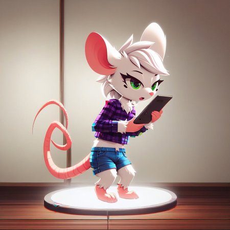 Super Animal Royale, glitch style, flickering, digital, detailxl, score_9, score_8_up, score_7_up, score_6_up, score_5_up,side view, detailed eyes, detailed face, detailed hands, top down full body view,  NightScapes, Reggie,1boy,solo,furry male,mouse,green eyes,short hair, white hair,body fur,white fur, cozy atmosphere, creative light overlay, 4k, masterpiece, (masterpiece), best quality, (4K), (cinematic lighting), highly detailed, 8K, UHD, ultra detailed, immersive picture, vivid colors, volumetric light, cinematic light, extremely detailed CG, mouse is wearing hotpants and a flower in her hair while holding a tablet while hacking into the matrix