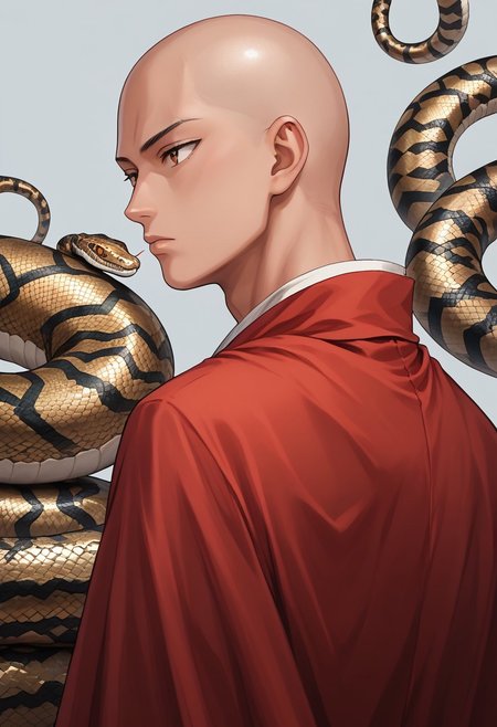 score_9,score_8_up,score_7_up,score_6_up,score_5_up,source_anime, back view,1man, saitama, bald, brown eyes 30yo, standing, looking back , wearing cape from metallic snake skin, bored, snake, snake on shoulders, upper body