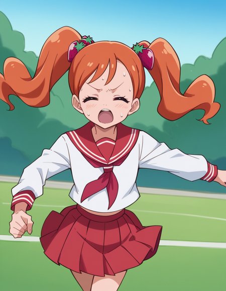 score_9, score_8_up, score_7_up, source_anime,
<lora:ichika-usami-anime-ponyxl-lora-nochekaiser:1>, ichika usami, hair ornament, twintails,
skirt, long sleeves, school uniform, serafuku, sailor collar, orange hair, red skirt, food-themed hair ornament, red sailor collar, strawberry hair ornament,
outdoors, running, sweating, open mouth, closed eyes,
looking at viewer, cowboy shot, dutch angle, solo,