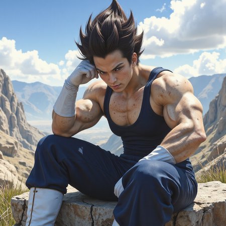 dbz,. The image is a highly detailed, photorealistic CGI rendering of Vegeta, a character from the Dragon Ball franchise. Vegeta, a muscular, humanoid alien with spiky, dark brown hair, is depicted sitting on a rocky outcropping. He is dressed in his iconic outfit: a dark blue sleeveless tank top, dark blue pants, and white boots with a distinctive white stripe, and white gloves.