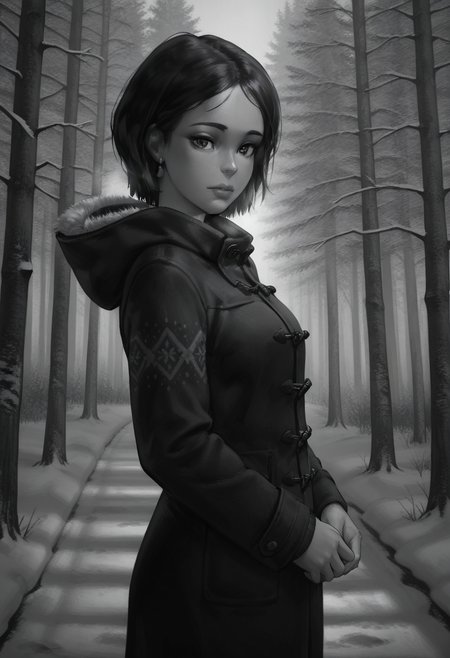 Graphic Design, greyscale, monochrome, intricate details, high contrast, detailed background, beautiful detailed, beautiful face, detailed eyes, detailed face, new, k4r1n4, 1girl, solo, jewelry, short hair, earrings, black hair, winter clothes, cowboy shot, looking at viewer, forest, snow, winter, (from side:0.8), (masterpiece, best quality, newest, recent, absurdres),