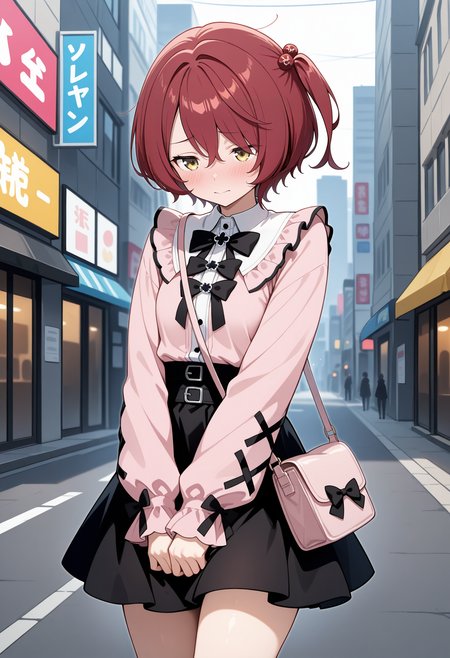 aakomari, short hair, red hair, one side up, hair bobbles, <lora:komari_chika_ilxl_v1:0.9>, solo, jirai kei, v arms, shoulder bag, embarrassed, looking down, standing, cowboy shot, city, street, 
ultra-detailed, masterpiece, newest, best quality