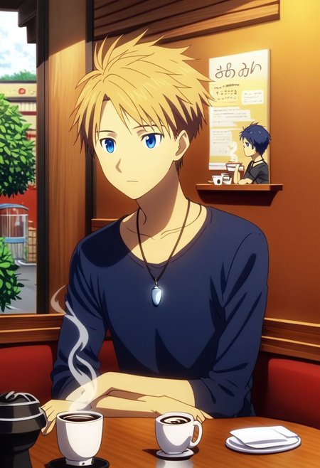 high resolution, solo, best quality, 1Boy, Yamato Ishida, Blond Hair, Blue Eyes, Necklace, cafe, corner, sit, casual, coffee, waiting, wide mirror, outside view, OverallDetail