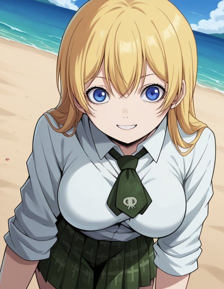 score_9, score_8_up, score_7_up, source_anime,
btooomhimiko, <lora:btooom-himiko-s1-ponyxl-lora-nochekaiser:1>,
himiko, long hair, blue eyes, blonde hair, large breasts,
skirt, shirt, school uniform, white shirt, pleated skirt, necktie, plaid, plaid skirt, sleeves rolled up,
beach, bent over, smile,
looking at viewer, cowboy shot, solo, dutch angle