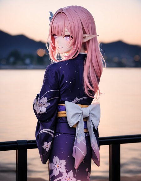 1girl, 
elysia \(honkai impact\),  
(blurry:1.1), (bokeh:1.1), kimono, evening, night sky, film grain, solo, looking back, white bow, hair intakes, star \(sky\), back bow, japanese clothes, from behind, floral print, print kimono, light, looking at viewer, pink hair, starry sky, yukata, sash, night, purple kimono, parted lips, wide sleeves, long sleeves, sky, pink eyes, bow, pointy ears, depth of field, elf, alternate costume, obi, smile, standing, blurry background, long hair, cowboy shot, sidelocks, teeth, 
masterpiece, best quality,  safe
 <lora:kig_xl_v1-000021:0.8>
