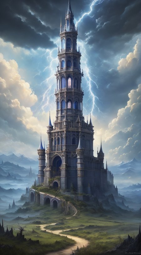 Masterwork Painting, Magnum Opus, 
HDR photo of 
Dreamscape, 
ethereal fantasy concept art of  
 <lora:Wizard_Tower-10:0.75> witow, castle, cloud, cloudy sky, grass, no humans, scenery, sky, tower, tree, 
 <lora:locon_conceptlightning_v1_from_v1_64_32:1> lghtnngprsn, lightning, storm,
. magnificent, celestial, ethereal, painterly, epic, majestic, magical, fantasy art, cover art, dreamy,
. Surreal, ethereal, dreamy, mysterious, fantasy, highly detailed,
. High dynamic range, vivid, rich details, clear shadows and highlights, realistic, intense, enhanced contrast, highly detailed,
  highres, 8k, uhd, High Dynamic Range, tonemapping, crisp details,  intricate details, fine details