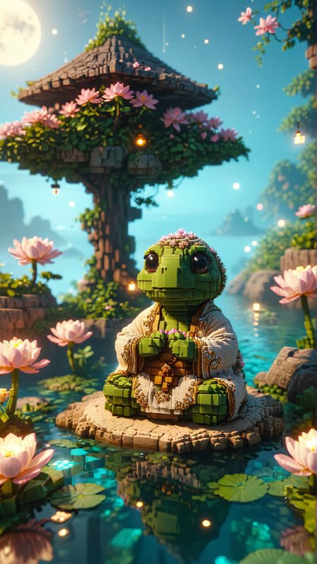 mystical, a wise old turtle monk meditating on a floating island above a tranquil ocean, wearing simple robes, surrounded by glowing lotus flowers, serene expression, soft moonlight casting a peaceful glow on the scene 
 <lora:ral-vxl:1> ral-vxl
<lora:add-detail-xl:1>,
<lora:MJ52:0.35>,
<lora:SDXLFaeTastic2400:0.325>,
(settings by AIDigitalmediaaggency:0.0001),
OverallDetailXL