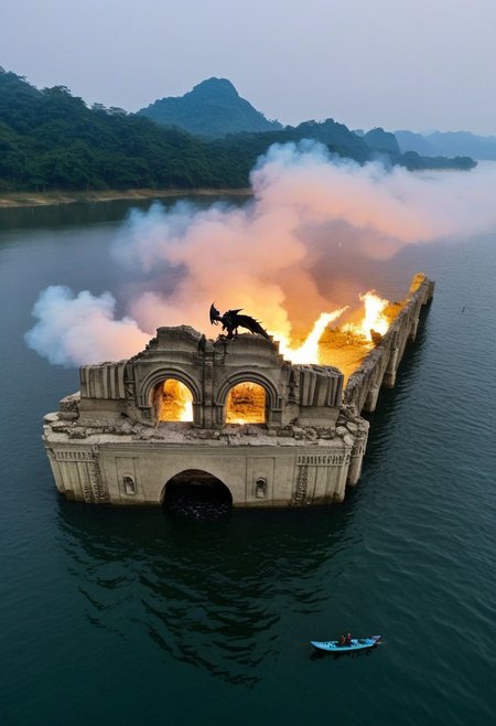 QU3CHULA, ruins, temple, water, full building view, lake FOG, DARKNESS, NIGHT, FULL MOON, TORCHS, SHADOWS, masterpiece, best quality, very aesthetic, absurdres
a giant black dragon big wings 4 legs 2 heads throwing one head throw fire other head throw poison inside the ruins  a group of warrior on a boat ready to fight, eagles flying