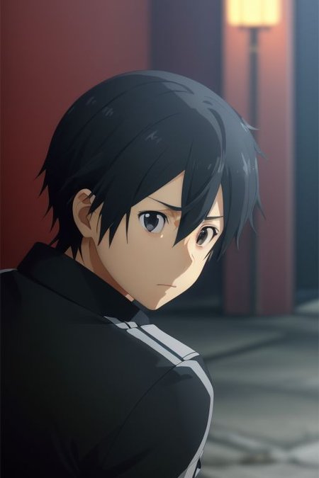 high resolution, solo, best quality, 1Boy, Kazuto Kirigaya, portraits, Black Hair, Black Eyes, lofi, candid, squat, depth of field, photo model, looking at viewer, OverallDetail