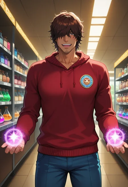masterpiece, best quality, intricate details, (realistic:0.6), , , 1boy, solo, male focus, <lora:yasutora_sado_ilxl:0.98>, yasutora_sado, brown hair, brown eyes, short hair, , facial hair, stubble, hair over eyes, magic market, spell stalls, potion shops, enchanted paths, shopping pose, excited expression, magical lighting, Emerald Convertible pants, Ombre Fleece pullover, , ,