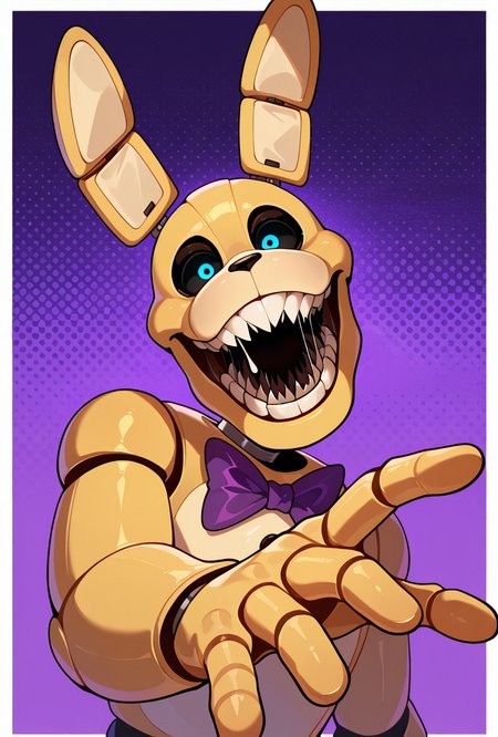 <lora:springbon:1> springbon, teeth, rabbit ears, blue eyes, black sclera, purple bowtie, sharp teeth, animatronic, robot joints,, 1boy, smile, big head, big mouth, wide jaw, wide face, dynamic pose, reaching out, drooling, , massive head, , purple background, masterpiece, best quality, amazing quality, very aesthetic, absurdres, newest,, upper body, halftone effect, white borders, abstract background:1.2,