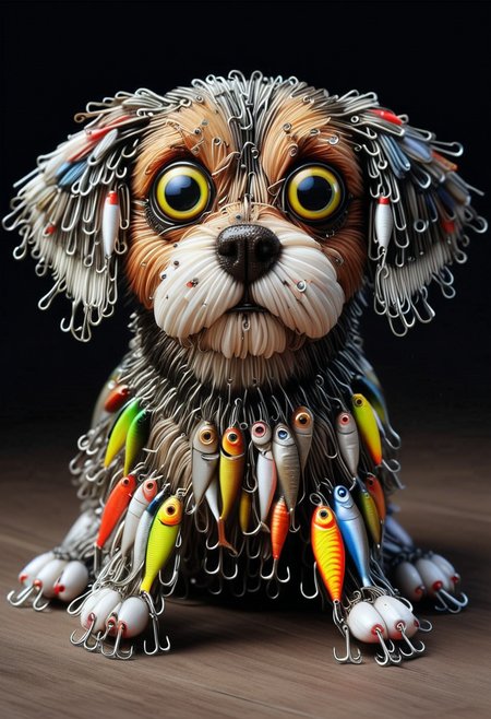 F15HLUR35, a cute dog is made of fishing lures, detailed face, (big eyes:0.9), detailed eyes, ,Masterpiece,best quality, raw photo, realistic, very aesthetic