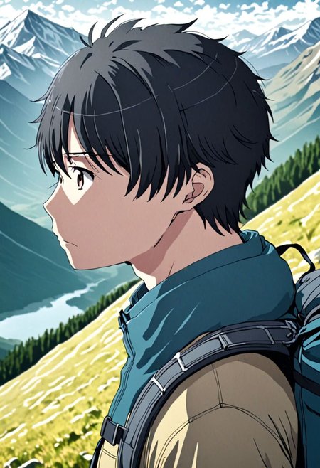 high resolution, solo, best quality, 1Boy, Inaho Kaizuka, Black Hair, landscape, looking away, high mountain, hiking gear, shallow depth of field, OverallDetail