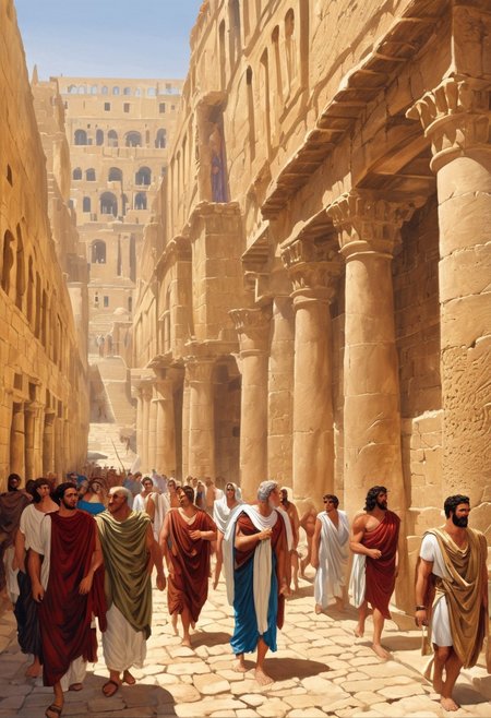 people walking in the streets Alexandria in the era of Alexander the Great, people wearing greek clothes, castle (gold:0.9), (chromium:0.9) <lora:EpicF4nta5yXL:0.8>