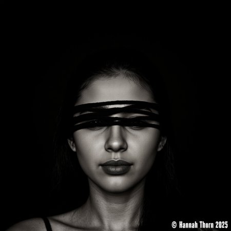 A close-up, melancholic portrait of a young woman, her expression hidden by strands of dark yarn, in the dramatic chiaroscuro of Caravaggio, evoking veiled sorrow, in the style of Ruslan Lobanov. Shot on 35mm film with an 85mm lens at f/2.8, achieving shallow depth and cinematic bokeh. Harsh side lighting casts intense, textural shadows. Heavy vignetting focuses the gaze. Post-processed with extreme desaturation, high contrast, emulating a platinum print.<lora:_Flux\_Skin_Appearance\detailifier_flux-000006.safetensors:0.8000000000000002:0.8000000000000002>