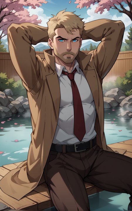 score_9, score_8_up, score_7_up, looking at viewer,  BREAK
DCAU_JL_JohnConstantine_ownwaifu, 
1boy, blonde hair, blue eyes, male focus, short hair, facial hair, mustache, 
red necktie, trench coat, white shirt, collared shirt, open coat, brown coat, belt, pants, coat, long sleeves, beard, brown jacket, formal, brown pants, popped collar, black belt, long coat
(sitting, soaking feet, arms behind head), onsen, mount fuji, cherry blossoms, falling petals, spring_(season), outdoors,<lora:PONYXL_DCAU_JL_JohnConstantine_ownwaifu:0.7>, depth of field, solo, Interesting Image, Captivating Image,
