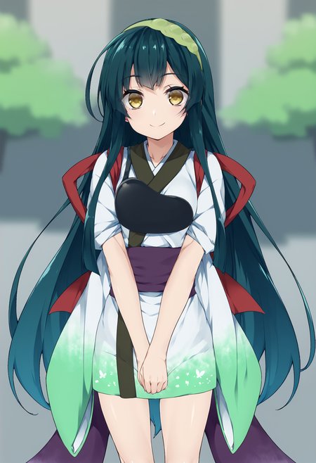 score_9, score_8_up, score_7_up, source_anime,  <lora:lowres_concept_ponyXL_v1:-0.3> 1girl, solo, looking at viewer, outdoors, 
BREAK,
<lora:touhoku_zunko_PonyXL_v1:1> touhoku zunko, very long hair, green hair, yellow eyes, green hairband, kimono, muneate, tasuki, sash, smile, standing, closed mouth, upper body,