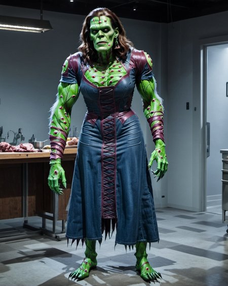 raw photo,cinematic shot,photorealistic,solo,a fleshmutant female frankenstein's monster  with long hair and patchwork skin,full body    <lora:Fleshmutant_R2-000003:1>