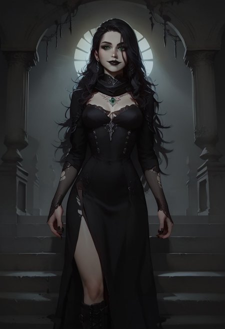 score_9, score_8_up, score_7_up, concept art, realistic, dark theme, perfect quality, masterpiece, highly detailed, dim light, Expressiveh, 4kFacePonyXL, ng_deepnegative_v1_75t,
anatomically perfect, bhands, glowing, neon lights,
portrait, gothic fantasy style, wide gothic grey marble staircase, outdoor scene, 
1girl, 30 years old woman, solo, tall regal figure, slender body, fit athletic body, beautiful face, pale skin, black boots, slightly torn elegant long black robes, thick robes, rags, robes covering body from neck to ankle, black scarf, holes in robe, dark black messy hair with gray streaks, waist length hair, long hair, large sexy eyes, vibrant green eyes, black nail polish, standing at top of the staircase, black wings made of shadow and darkness, black lipstick, soft smile, silver ring with ruby stone, silver diamond earrings, lace gloves, diamond nose stud piercing, silver necklace with ruby medallion, looking at viewer,