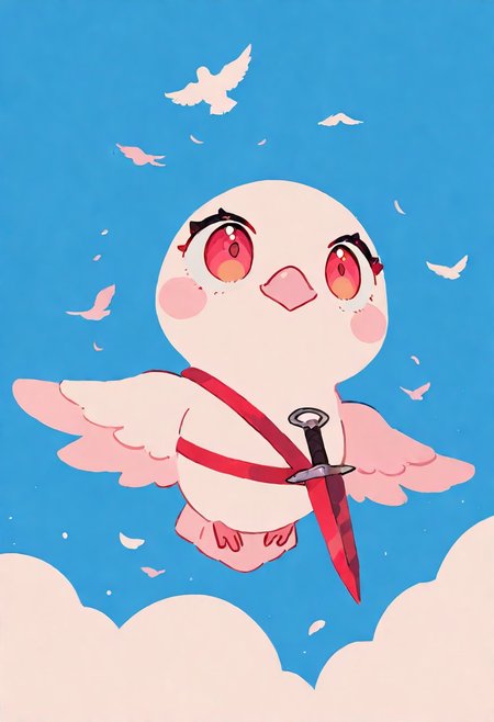 (pigeon:1.2), pigeon, (no humans:1.1), (cute:1.2), flying, sky, big eyes, open wings,  grabbing dagger with , dagger on back leg,
very awa, masterpiece, highres, absurdres solo, score_9, score_8_up, score_7_up,  cute, chibi, kawaii, 2d color, simple color,  simple shading, flat color, chibi