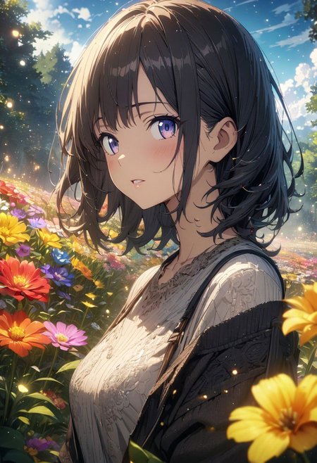 gorgeous lips, (masterpiece), (best quality), (ultra-detailed), very aesthetic, illustration, perfect composition, intricate details, absurdres, detailed face, (anime, masterpiece, intricate:1.3), (best quality, hires textures, high detail:1.2), (4k),(incredibly detailed:1.4) 
(((Best quality))), (((Ultra detailed))), ((((vivid)))), landscape, (((fireflies, particles))), (((flower garden, colorful flowers, beautiful flowers))), ((blue sky, cumulonimbus)), <lora:more_details:0.5>, 1girl